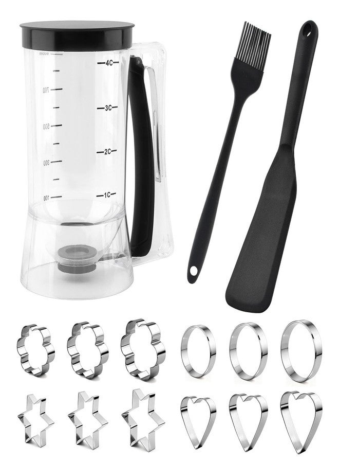 Jeyntanc Pancake Batter Dispenser With Squeeze Handle Set, No Mess & Easy Pour, Includes Muffin, Hexagram, Heart and Flower Rings, Pastry Brush and Spatula - Ideal for Pancakes, Waffles and Cupcakes - Image 1